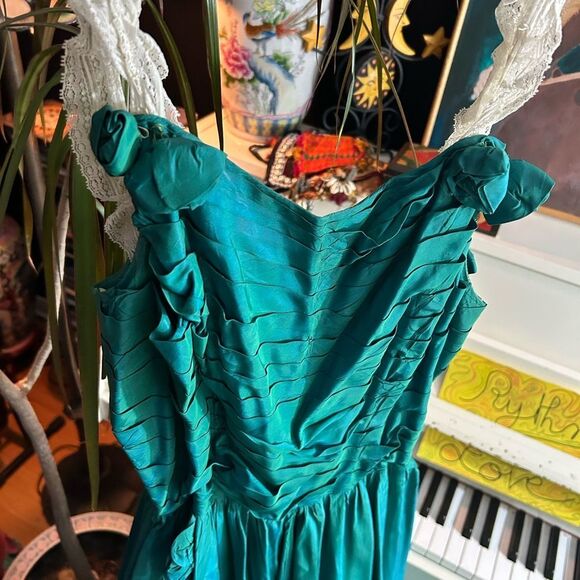 Vintage 50s 60s Stunning Teal iridescent Prom Dress Ball Gown Cocktail XS - Picture 13 of 16